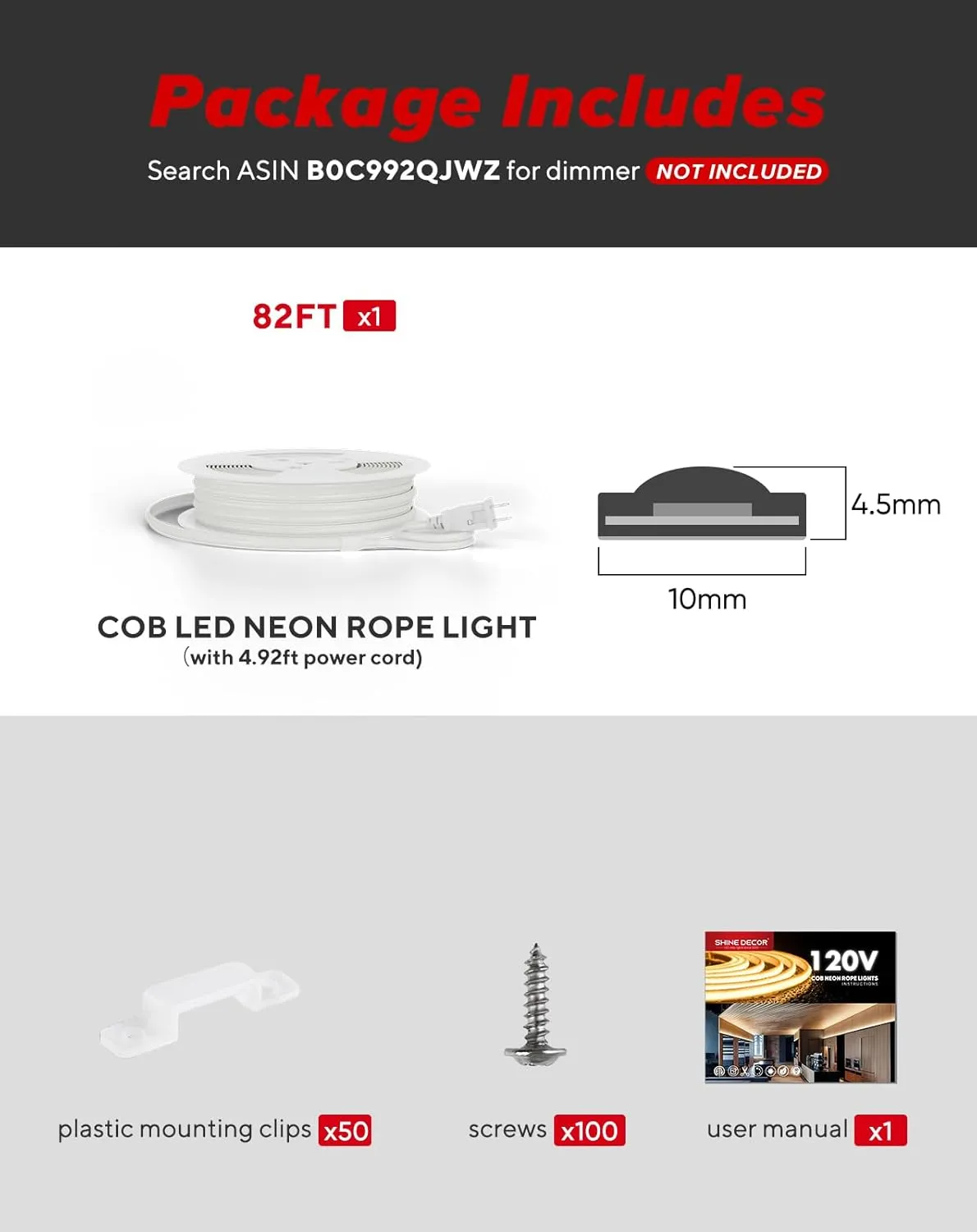 Shine Decor COB LED Rope Light AC 120V, 800lm Ultra Bright, IP65 Waterproof Cold-Resistant ETL Neon Strip, No Driver Tape Lighting for Home Commercial 10x4.5mm, 6000K Cool White, 82ft