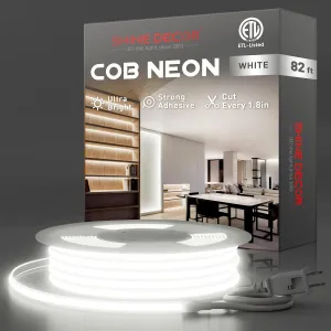 Shine Decor COB LED Rope Light AC 120V, 800lm Ultra Bright, IP65 Waterproof Cold-Resistant ETL Neon Strip, No Driver Tape Lighting for Home Commercial 10x4.5mm, 6000K Cool White, 82ft