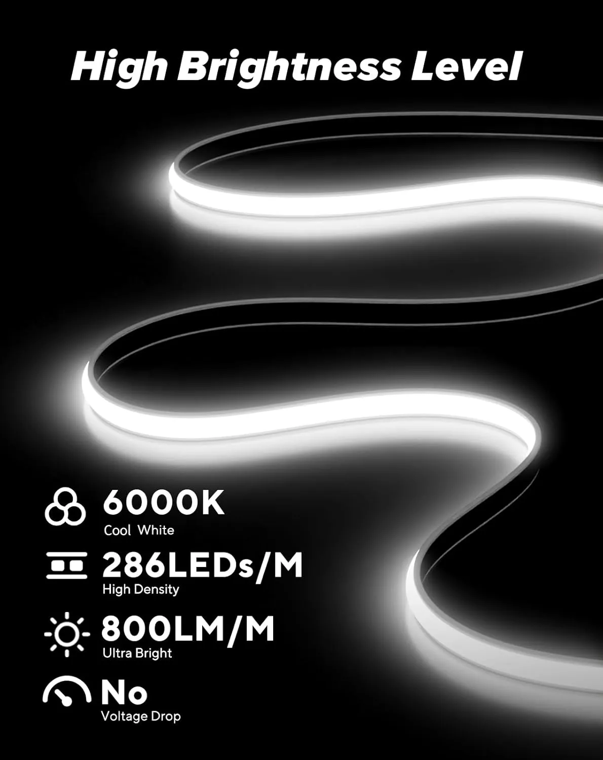 Shine Decor COB LED Rope Light AC 120V, 800lm Ultra Bright, IP65 Waterproof Cold-Resistant ETL Neon Strip, No Driver Tape Lighting for Home Commercial 10x4.5mm, 6000K Cool White, 82ft