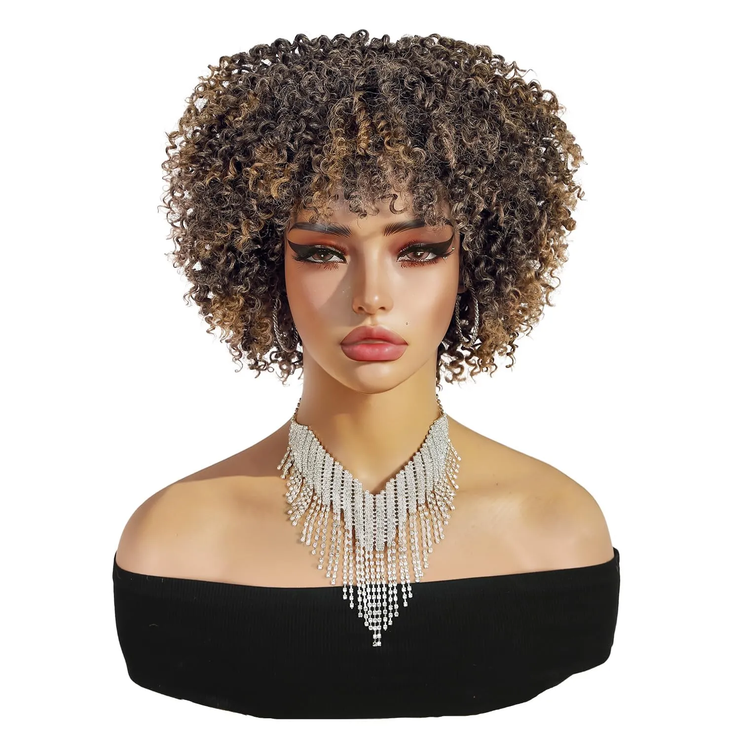 Short Curly Afro Wig With Bangs for Women Kinky Curly Wigs Ombre Brown Afro Wig Heat Resistant Fluffy Synthetic Wigs T27#