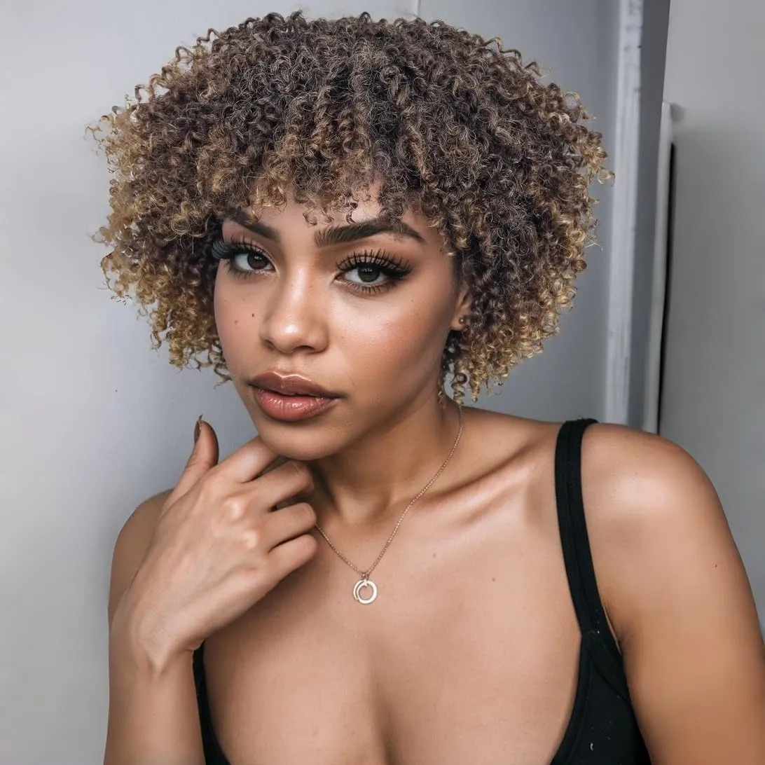 Short Curly Afro Wig With Bangs for Women Kinky Curly Wigs Ombre Brown Afro Wig Heat Resistant Fluffy Synthetic Wigs T27#