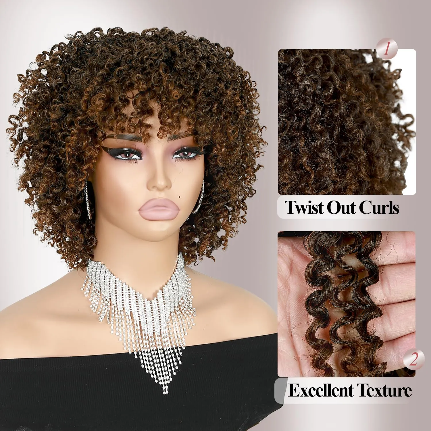 Short Curly Afro Wig With Bangs for Women Kinky Curly Wigs Ombre Brown Afro Wig Heat Resistant Fluffy Synthetic Wigs T30#