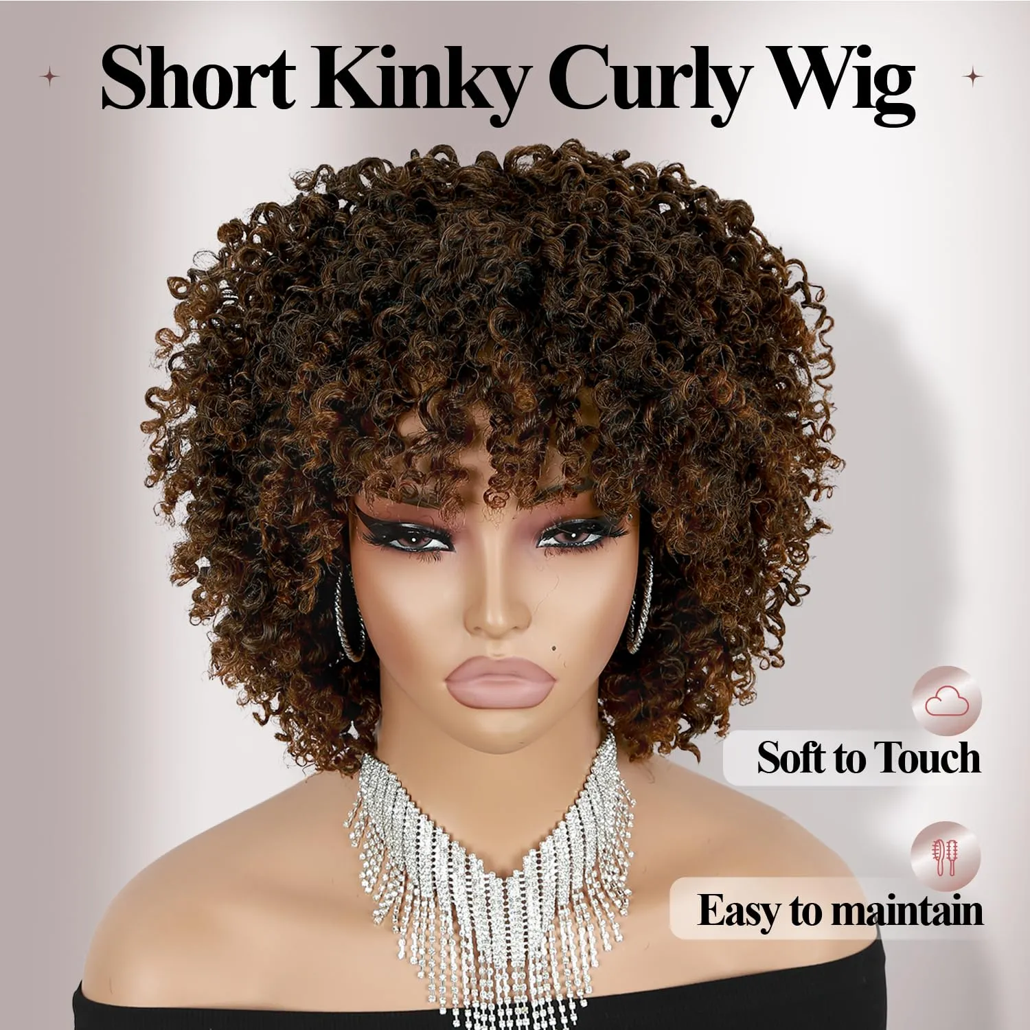 Short Curly Afro Wig With Bangs for Women Kinky Curly Wigs Ombre Brown Afro Wig Heat Resistant Fluffy Synthetic Wigs T30#