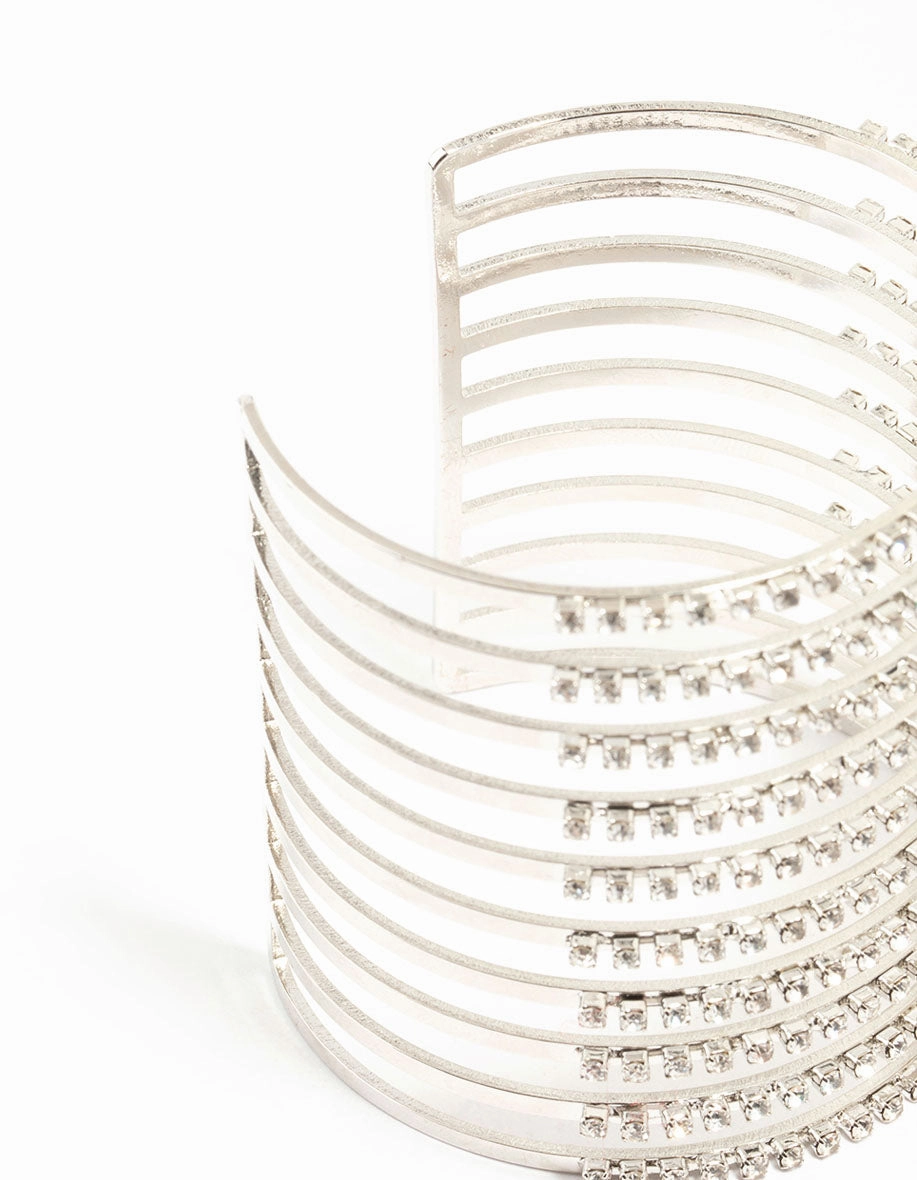 Silver Diamante Multirow Band Cage Wrist Cuff