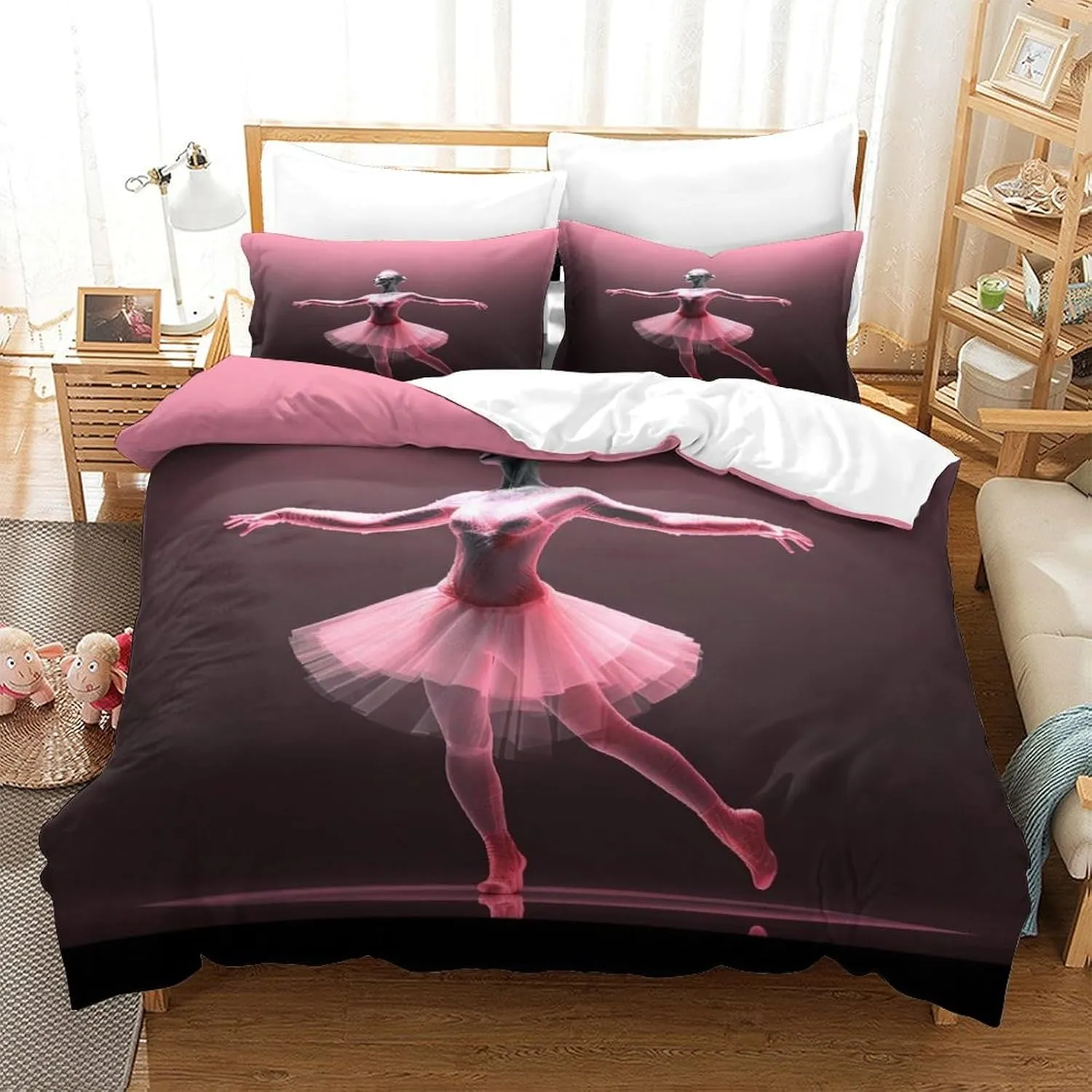 Skin-Friendly Ballerinas Bedding Set Cozy Quilt Cover 3D Printed Duvet Cover Luxe Ballets Comforter Covers with Pillowcases Microfiber for Boys and Girls 3 Pieces Twin（173x218cm）