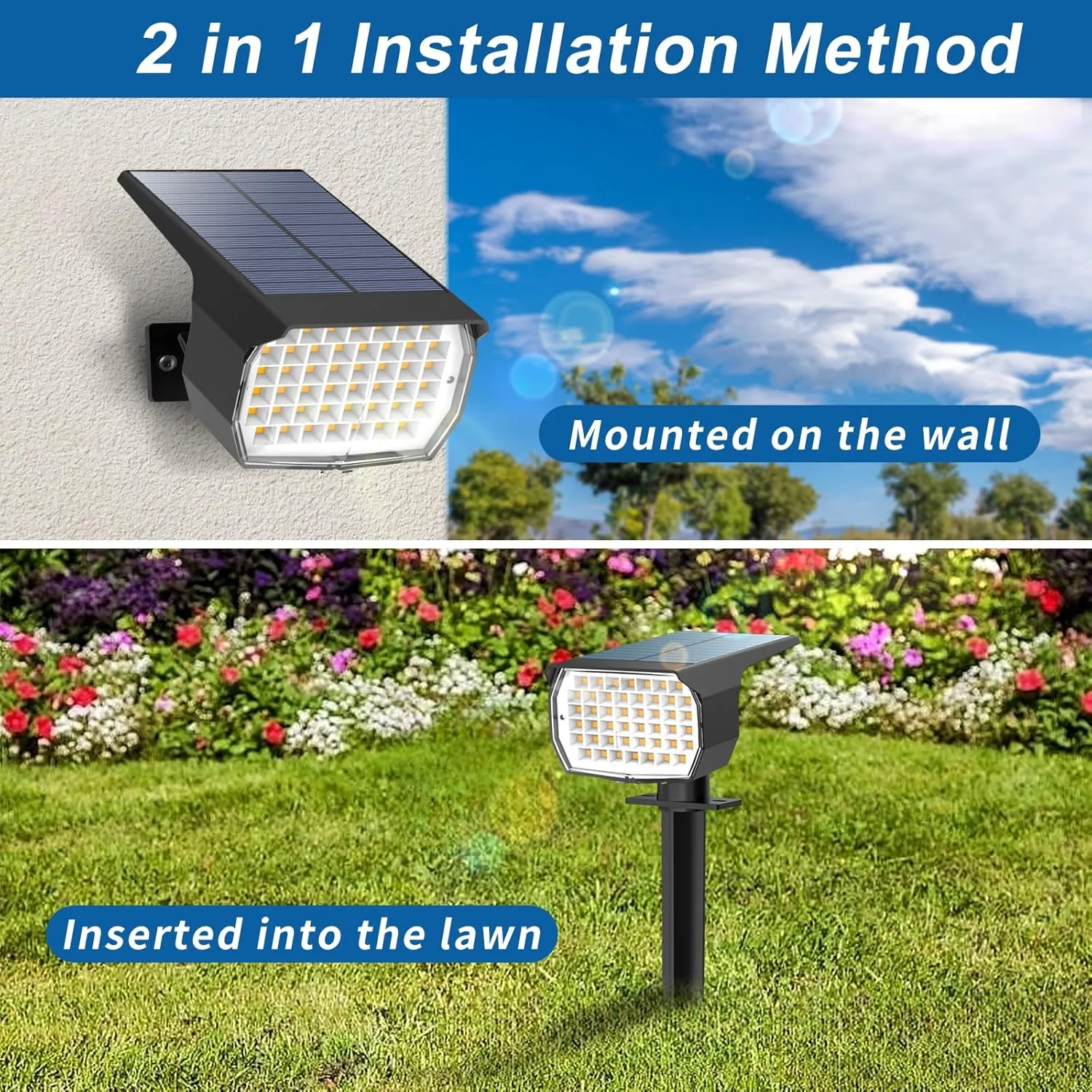 Solar Spot Lights Outdoor Waterproof IP65, 6 Pack Landscape Spotlights with 46 LEDs, 3 Modes Auto On/Off Solar Powered Flood Lights for Outside Pathway, Yard, Garden, Walkway (Warm White)