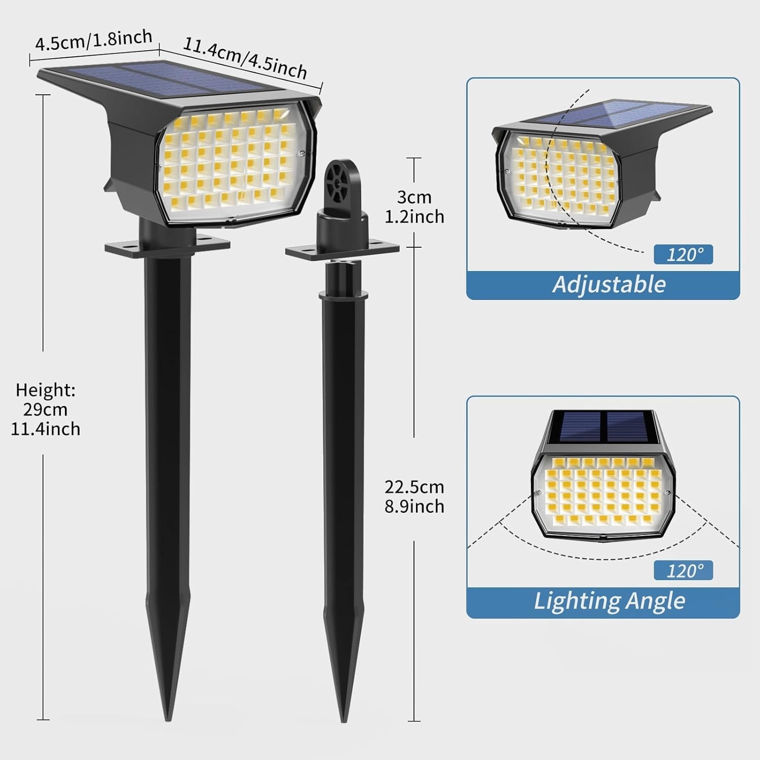 Solar Spot Lights Outdoor Waterproof IP65, 2 Pack Landscape Spotlights with 46 LEDs, 3 Modes Auto On/Off Solar Powered Flood Lights for Outside Pathway, Yard, Garden, Walkway (Warm White)