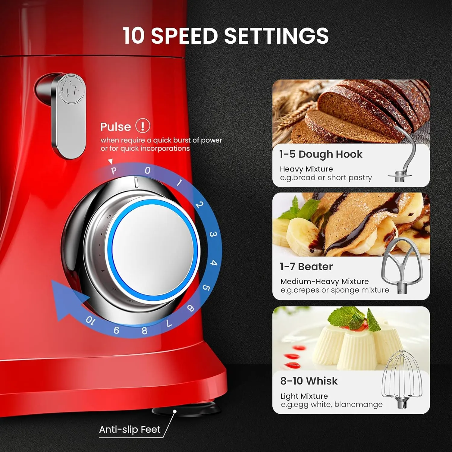 Stand Mixer, KICHOT 10 P Speed 4.8 Qt. Household Stand Mixers, Tilt-Head Cake Mixer Machine with Dough Hook, Beater, Wire Whisk & Splash Guard Attachments for Baking, Cake, Cookie, Kneading, RED