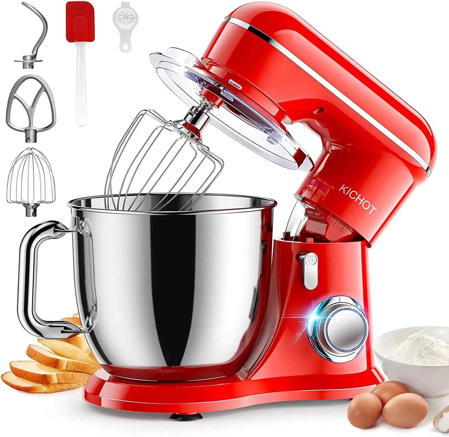 Stand Mixer, KICHOT 10 P Speed 4.8 Qt. Household Stand Mixers, Tilt-Head Cake Mixer Machine with Dough Hook, Beater, Wire Whisk & Splash Guard Attachments for Baking, Cake, Cookie, Kneading, RED