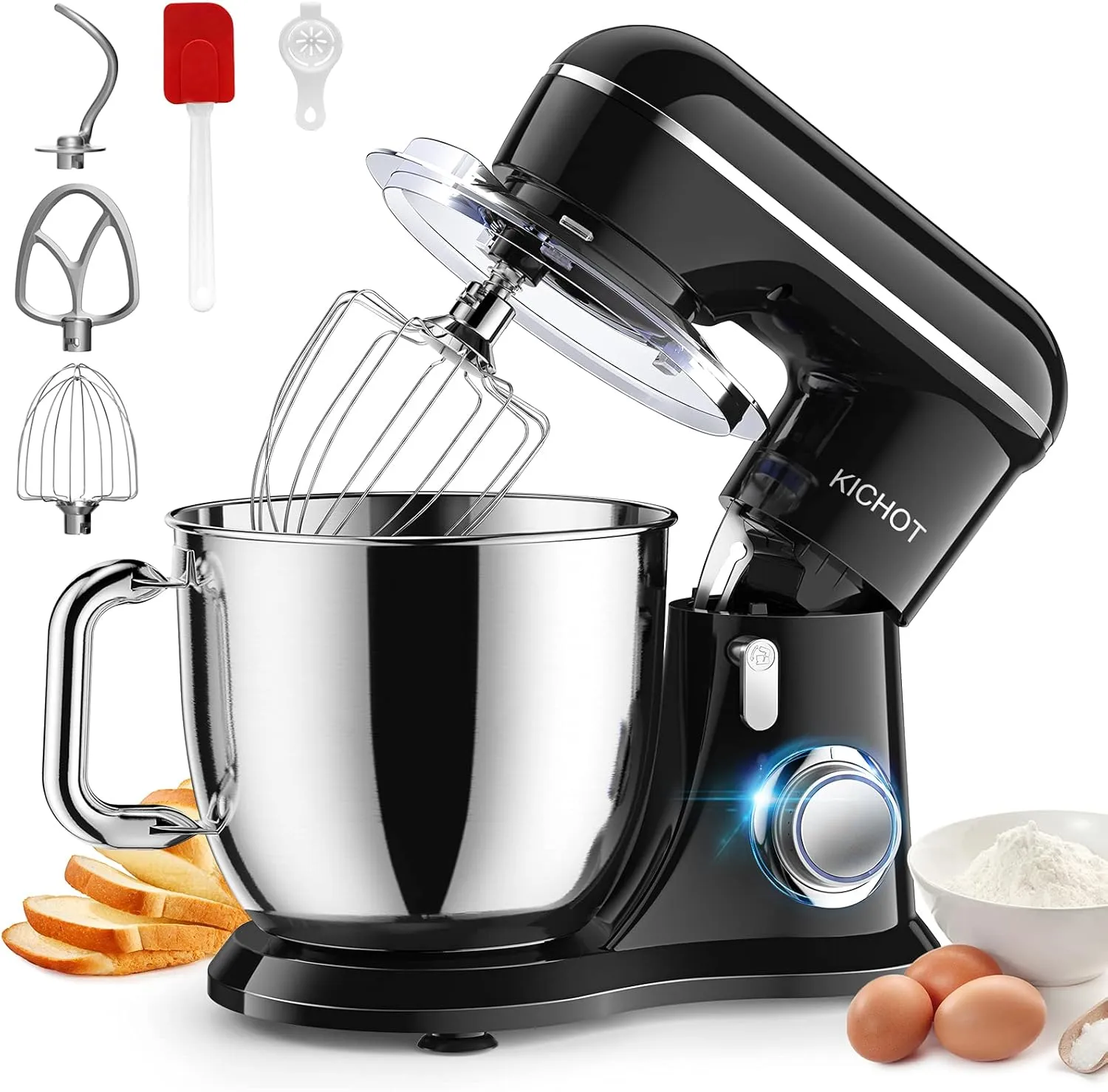 Stand Mixer, KICHOT 10 P Speed 4.8 Qt. Household Stand Mixers, Tilt-Head Dough Mxier with Dough Hook, Beater, Wire Whisk & Splash Guard Attachments for Baking, Cake, Cookie, Kneading, SM-1533,Black