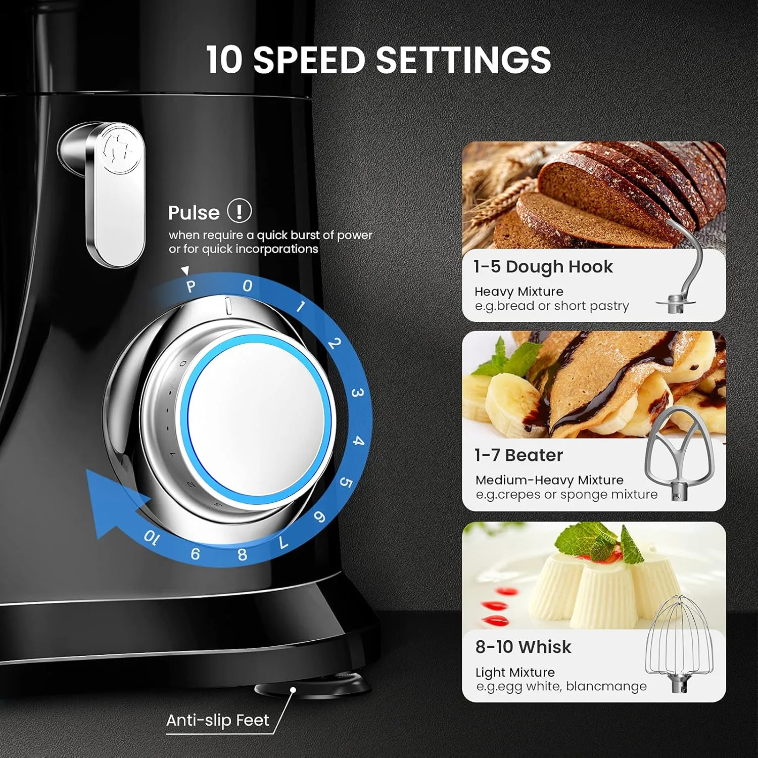 Stand Mixer, KICHOT 10 P Speed 4.8 Qt. Household Stand Mixers, Tilt-Head Dough Mxier with Dough Hook, Beater, Wire Whisk & Splash Guard Attachments for Baking, Cake, Cookie, Kneading, SM-1533,Black