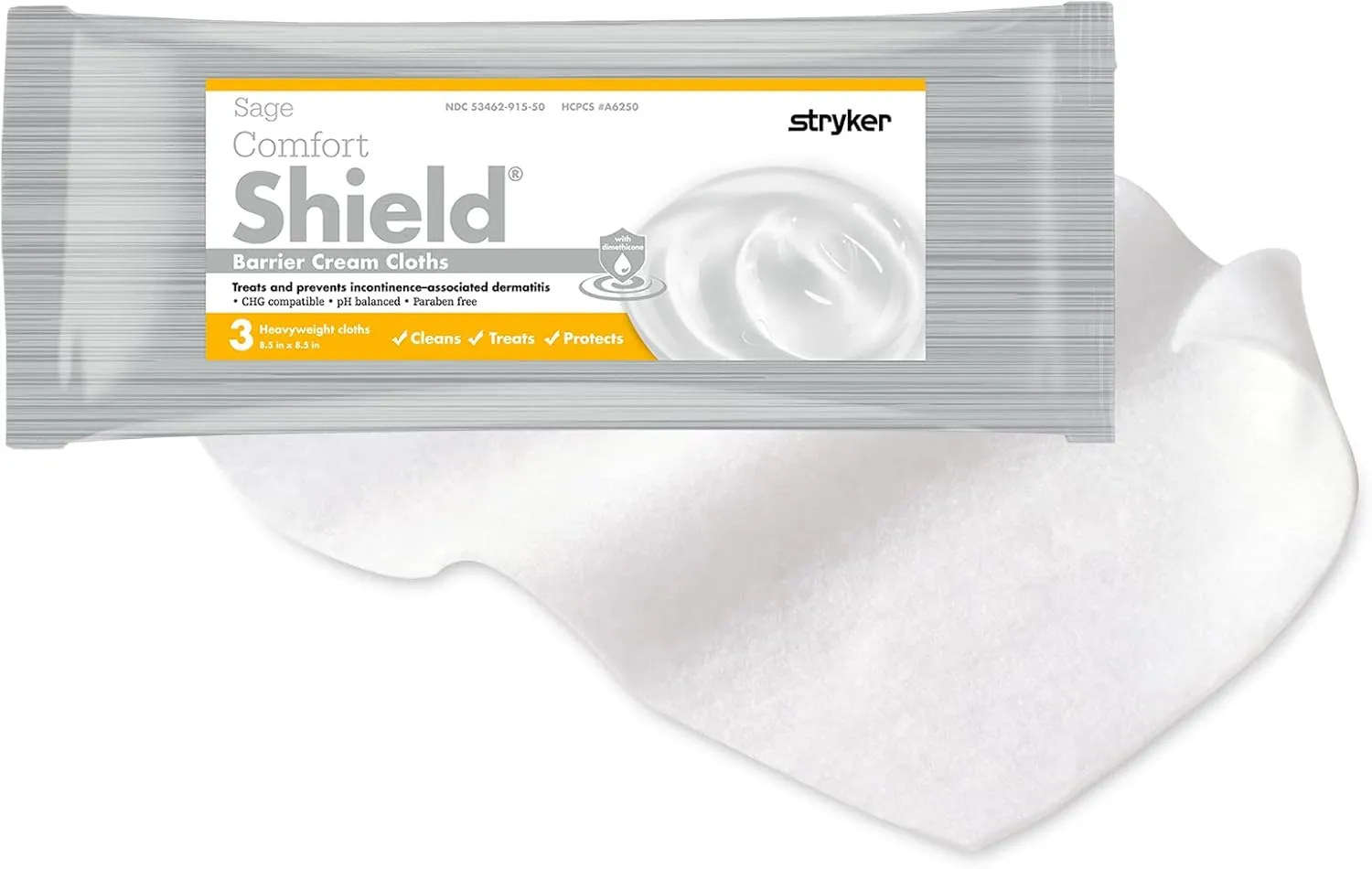 Stryker - Sage Comfort Shield Barrier Cream Cloths with Dimethicone - 90 Packages, 270 Cloths - One-Step Wipes Clean, Treat and Protect Skin from Incontinence Irritation, Hypoallergenic