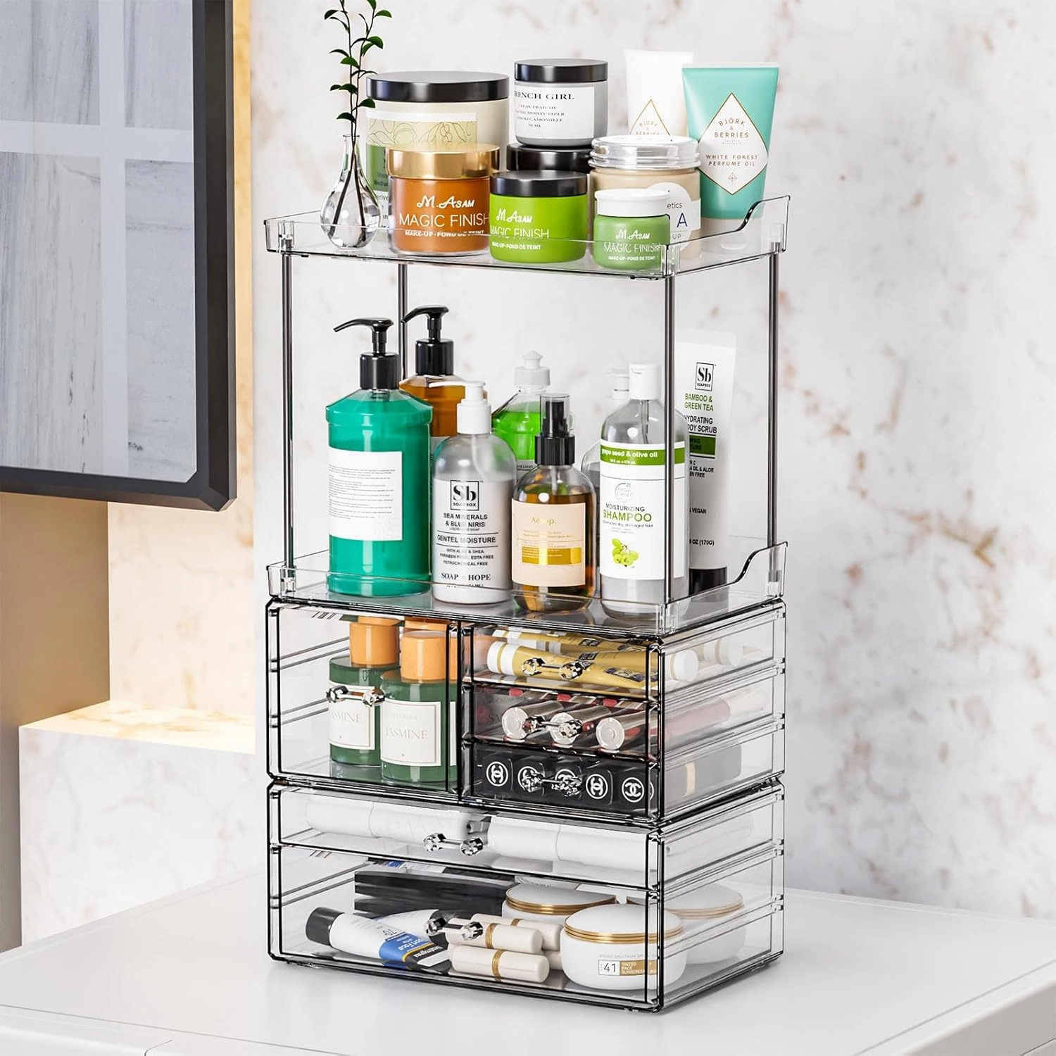 SUOXING Clear Acrylic Makeup Organizer for Bathroom,Vanity,Countertop,18.9" Tall Large Skincare Organizers and Storage for Dresser,Bedroom,Face Product,Lotion,Cosmetic,Beauty,Drawer Perfume Organizer
