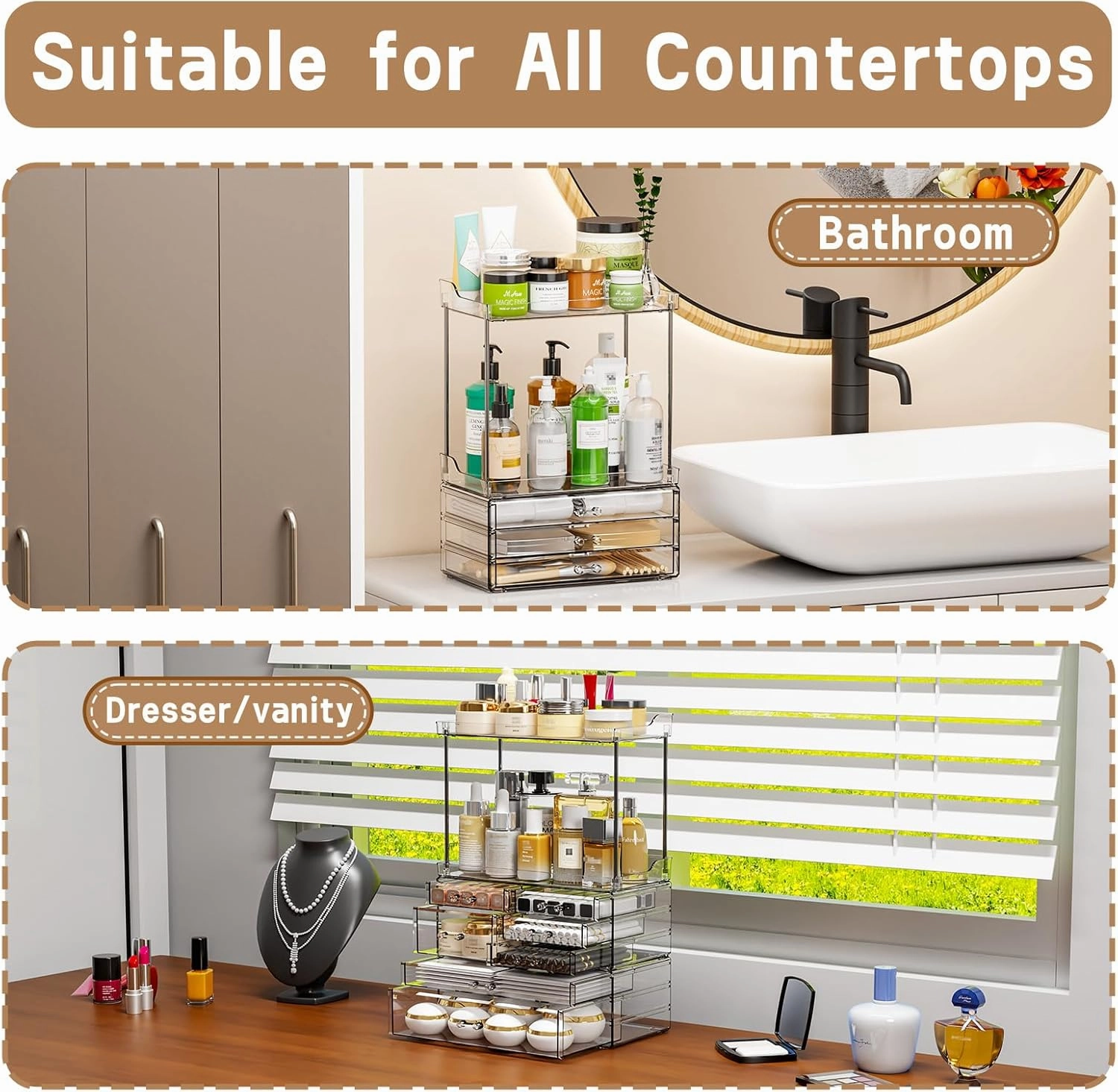 SUOXING Clear Acrylic Makeup Organizer for Bathroom,Vanity,Countertop,18.9" Tall Large Skincare Organizers and Storage for Dresser,Bedroom,Face Product,Lotion,Cosmetic,Beauty,Drawer Perfume Organizer