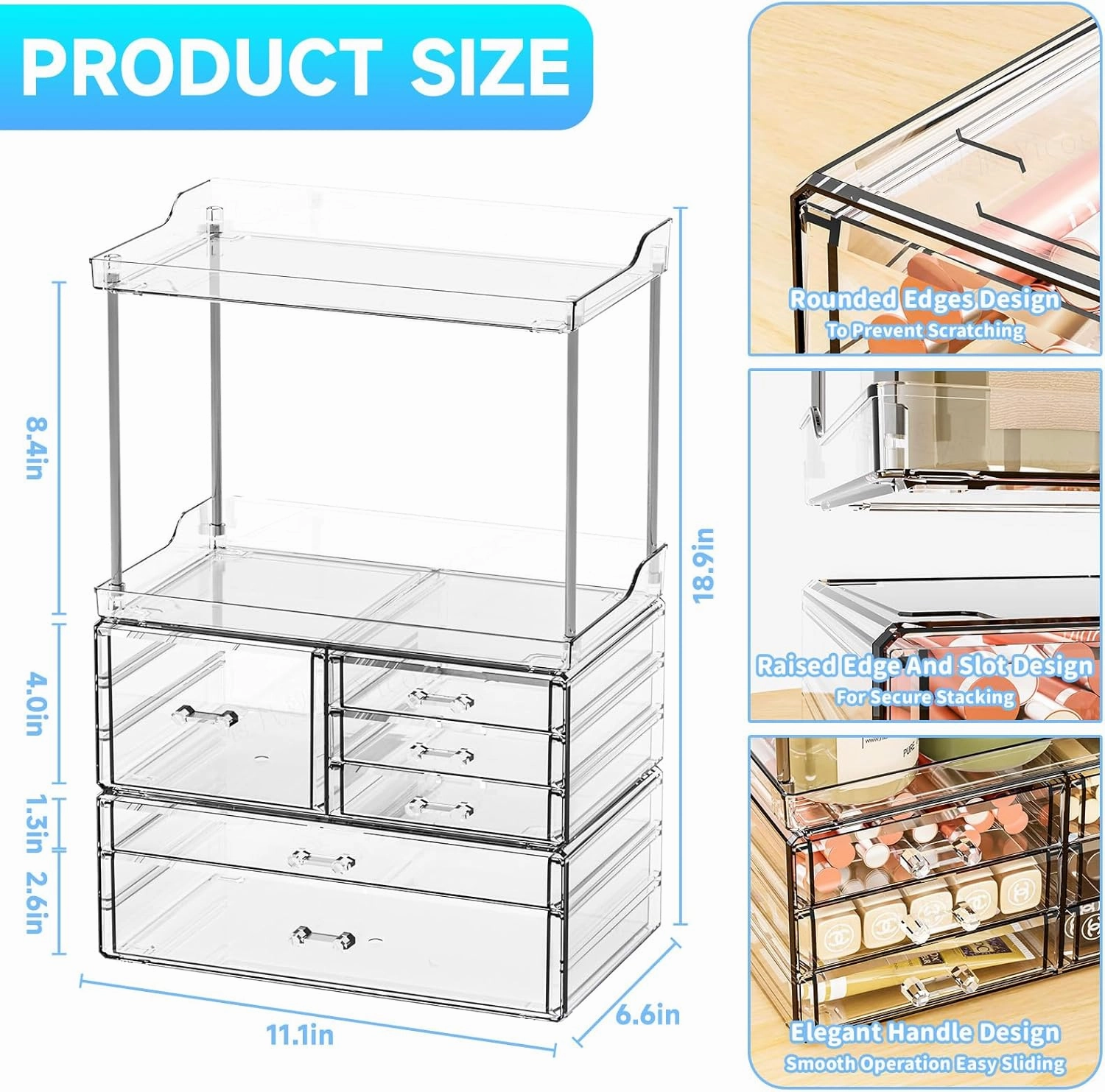 SUOXING Clear Acrylic Makeup Organizer for Bathroom,Vanity,Countertop,18.9" Tall Large Skincare Organizers and Storage for Dresser,Bedroom,Face Product,Lotion,Cosmetic,Beauty,Drawer Perfume Organizer