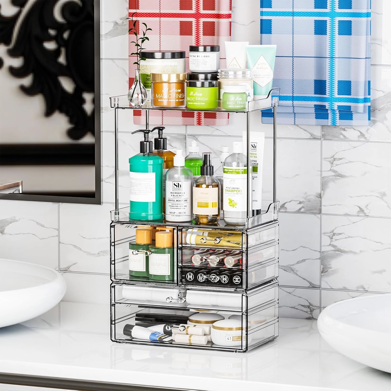 SUOXING Clear Acrylic Makeup Organizer for Bathroom,Vanity,Countertop,18.9" Tall Large Skincare Organizers and Storage for Dresser,Bedroom,Face Product,Lotion,Cosmetic,Beauty,Drawer Perfume Organizer