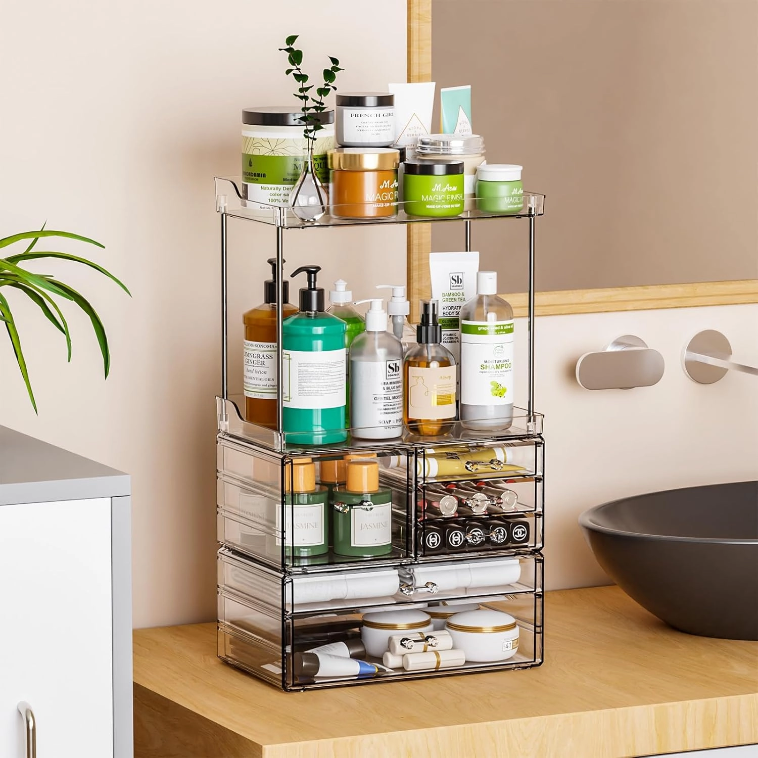 SUOXING Clear Acrylic Makeup Organizer for Bathroom,Vanity,Countertop,18.9" Tall Large Skincare Organizers and Storage for Dresser,Bedroom,Face Product,Lotion,Cosmetic,Beauty,Drawer Perfume Organizer