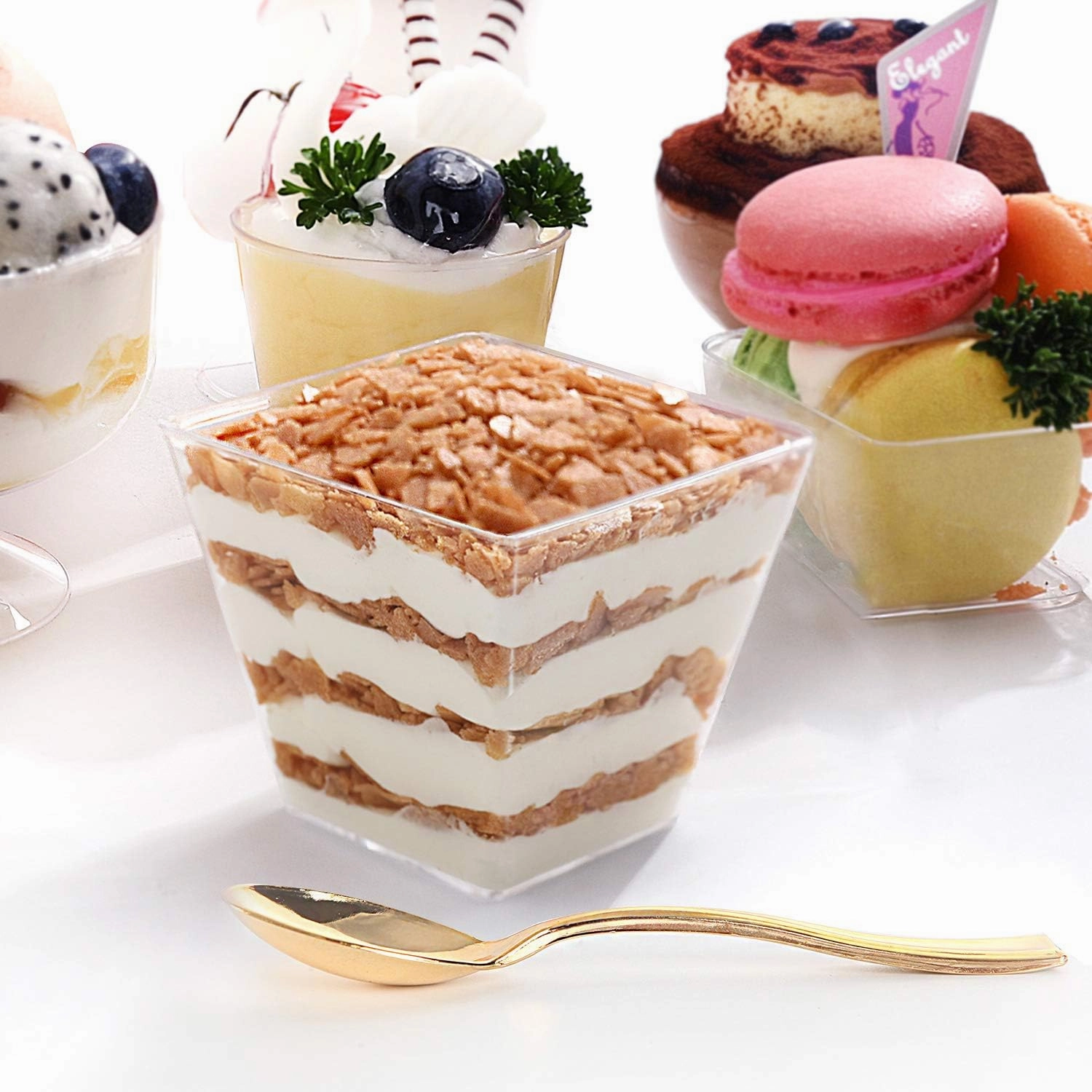 supernal 100pcs Square Plastic Dessert Cups (4oz) with 100pcs Mini Gold Plastic Spoons, Plastic Parfait Appetizer Cup, Medium Clear Dessert cups Perfect for Cakes, Ice Cream, Desserts Appetizers