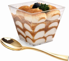 supernal 100pcs Square Plastic Dessert Cups (4oz) with 100pcs Mini Gold Plastic Spoons, Plastic Parfait Appetizer Cup, Medium Clear Dessert cups Perfect for Cakes, Ice Cream, Desserts Appetizers