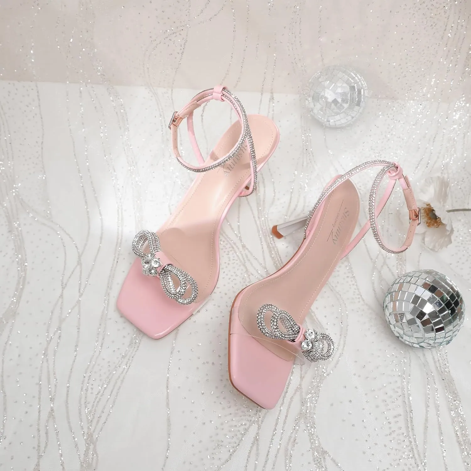 Susanny Women's Closed Toe Rhinstone Wedding Low Heel Slingback Clear Kitten Heels,Adjustable Strap Pointed Toe Bow Pumps High Heeled Prom Dress Shoes