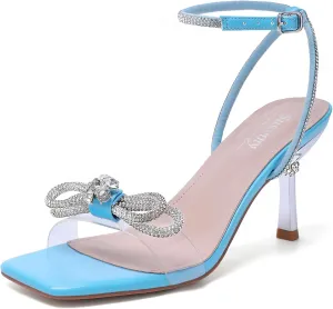 Susanny Women's Closed Toe Rhinstone Wedding Low Heel Slingback Clear Kitten Heels,Adjustable Strap Pointed Toe Bow Pumps High Heeled Prom Dress Shoes