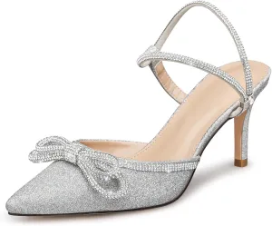 Susanny Women's Closed Toe Rhinstone Wedding Low Heel Slingback Clear Kitten Heels,Adjustable Strap Pointed Toe Bow Pumps High Heeled Prom Dress Shoes