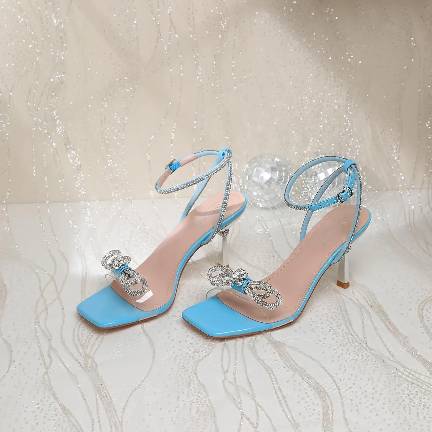 Susanny Women's Closed Toe Rhinstone Wedding Low Heel Slingback Clear Kitten Heels,Adjustable Strap Pointed Toe Bow Pumps High Heeled Prom Dress Shoes