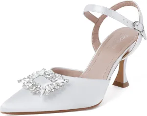 Susanny Women's Closed Toe Rhinstone Wedding Low Heel Slingback Clear Kitten Heels,Adjustable Strap Pointed Toe Bow Pumps High Heeled Prom Dress Shoes