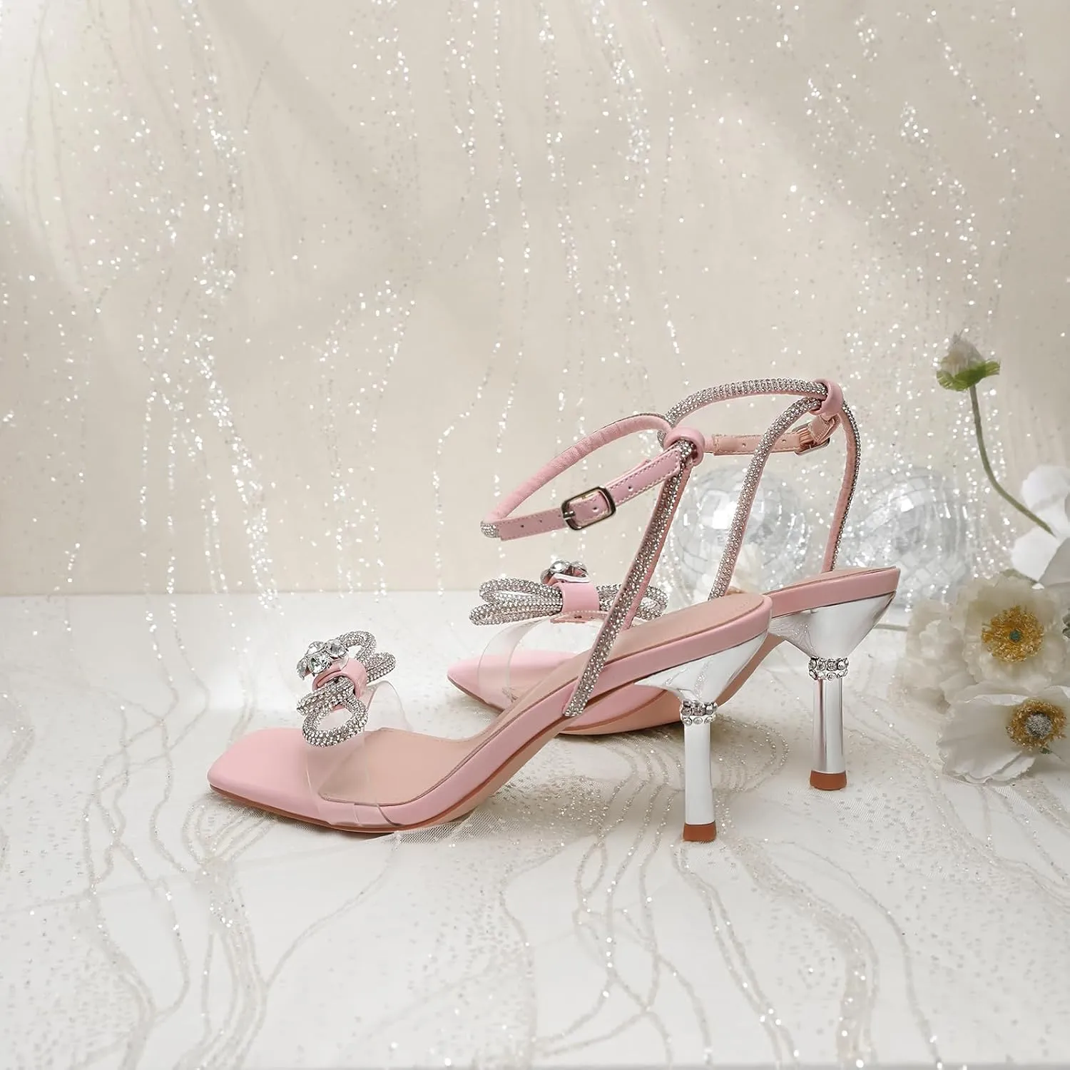 Susanny Women's Closed Toe Rhinstone Wedding Low Heel Slingback Clear Kitten Heels,Adjustable Strap Pointed Toe Bow Pumps High Heeled Prom Dress Shoes