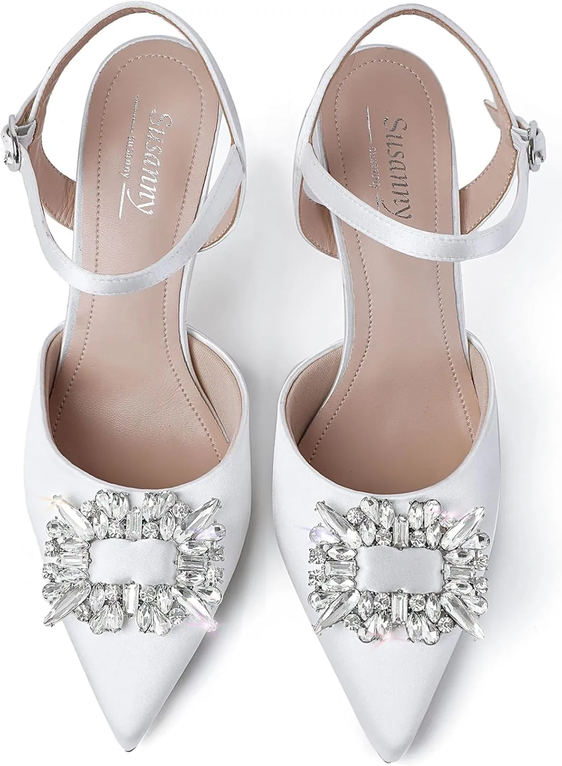 Susanny Women's Closed Toe Rhinstone Wedding Low Heel Slingback Clear Kitten Heels,Adjustable Strap Pointed Toe Bow Pumps High Heeled Prom Dress Shoes