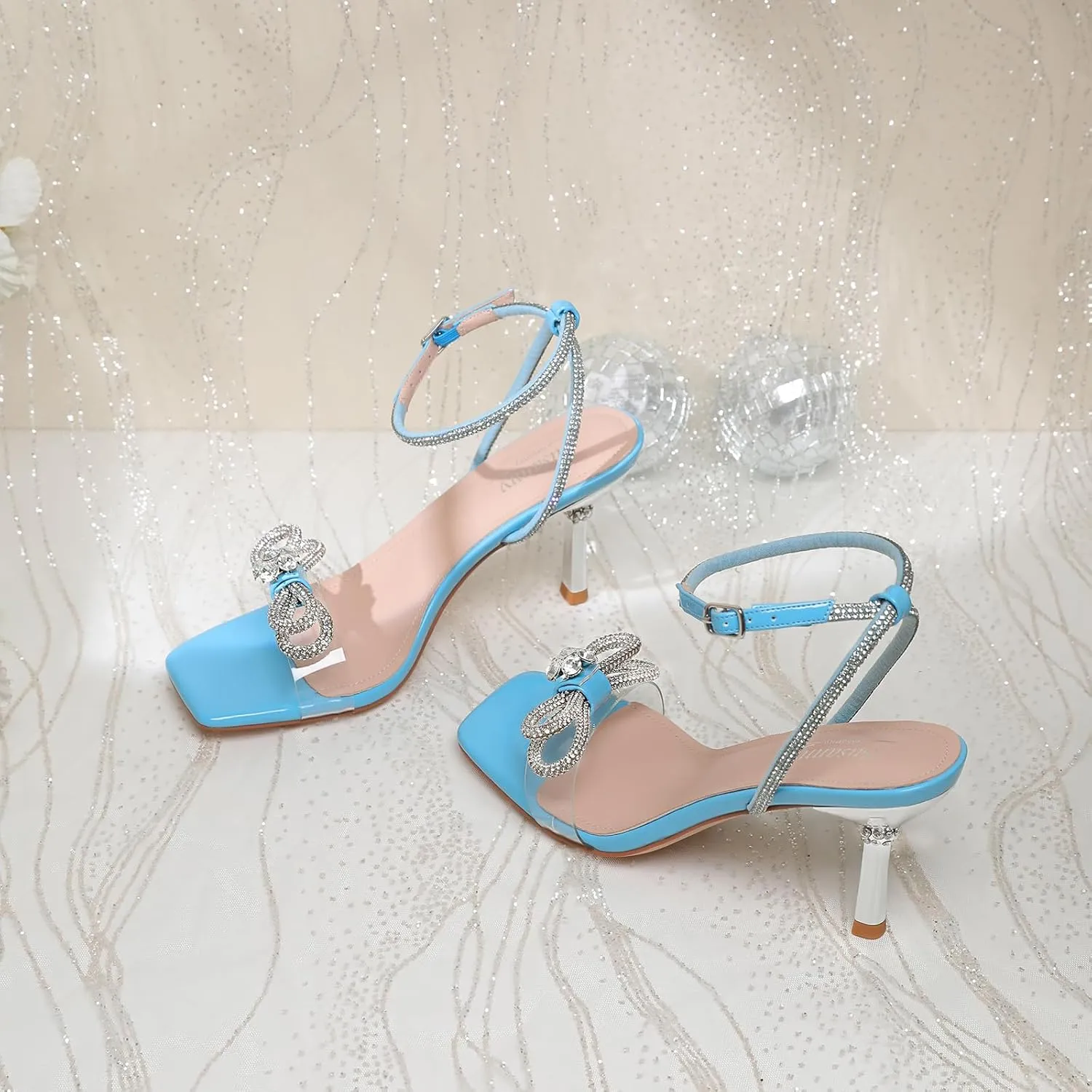 Susanny Women's Closed Toe Rhinstone Wedding Low Heel Slingback Clear Kitten Heels,Adjustable Strap Pointed Toe Bow Pumps High Heeled Prom Dress Shoes
