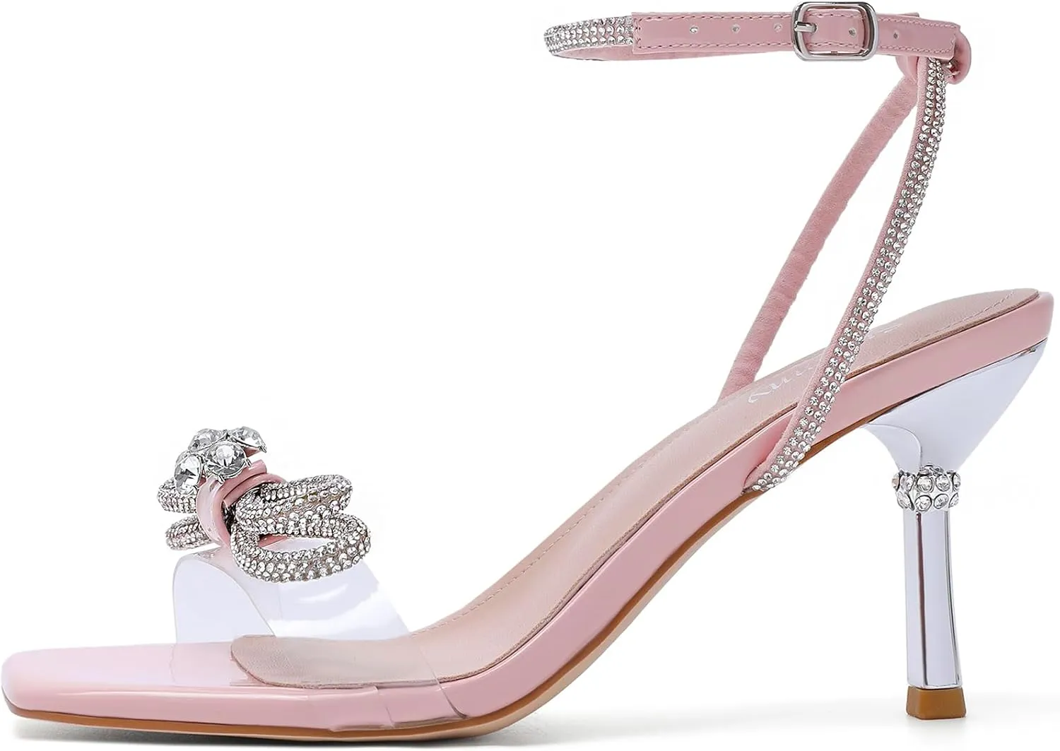 Susanny Women's Closed Toe Rhinstone Wedding Low Heel Slingback Clear Kitten Heels,Adjustable Strap Pointed Toe Bow Pumps High Heeled Prom Dress Shoes