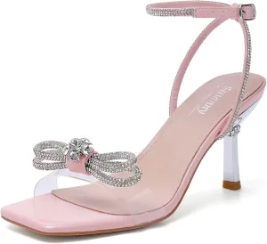 Susanny Women's Closed Toe Rhinstone Wedding Low Heel Slingback Clear Kitten Heels,Adjustable Strap Pointed Toe Bow Pumps High Heeled Prom Dress Shoes