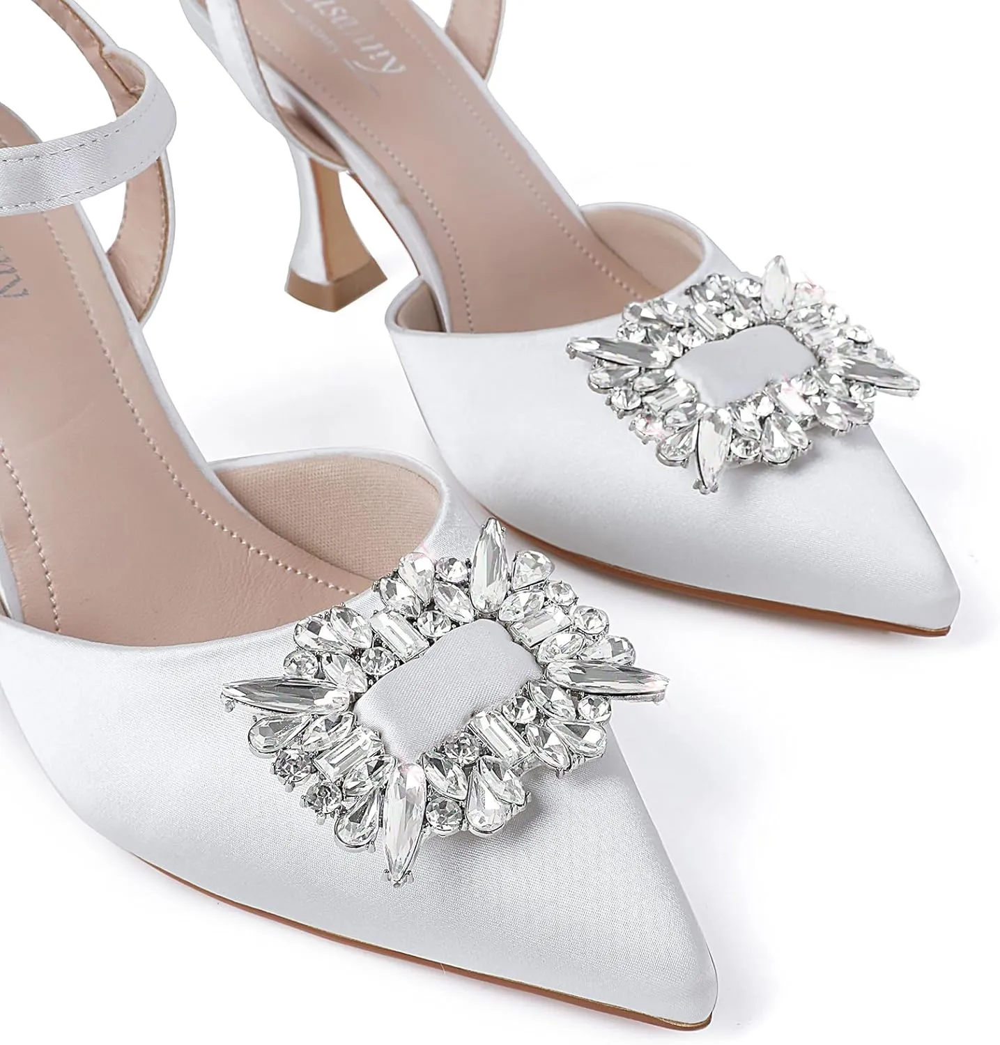 Susanny Women's Closed Toe Rhinstone Wedding Low Heel Slingback Clear Kitten Heels,Adjustable Strap Pointed Toe Bow Pumps High Heeled Prom Dress Shoes