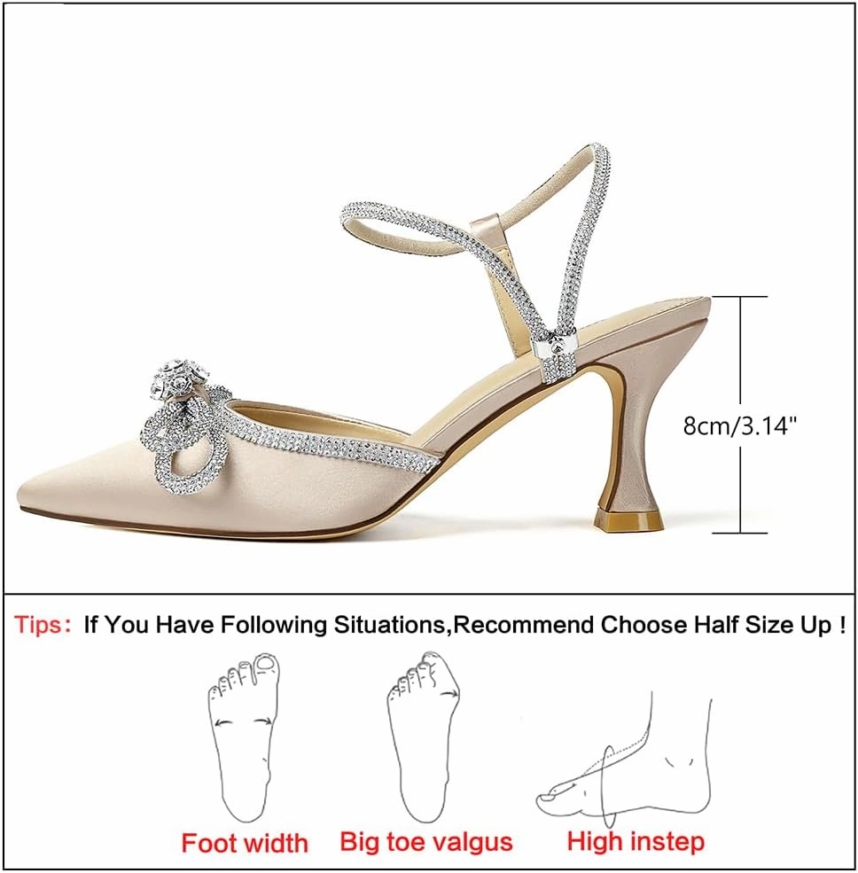 Susanny Women's Closed Toe Rhinstone Wedding Low Heel Slingback Clear Kitten Heels,Adjustable Strap Pointed Toe Bow Pumps High Heeled Prom Dress Shoes