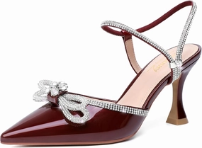 Susanny Women's Closed Toe Rhinstone Wedding Low Heel Slingback Clear Kitten Heels,Adjustable Strap Pointed Toe Bow Pumps High Heeled Prom Dress Shoes