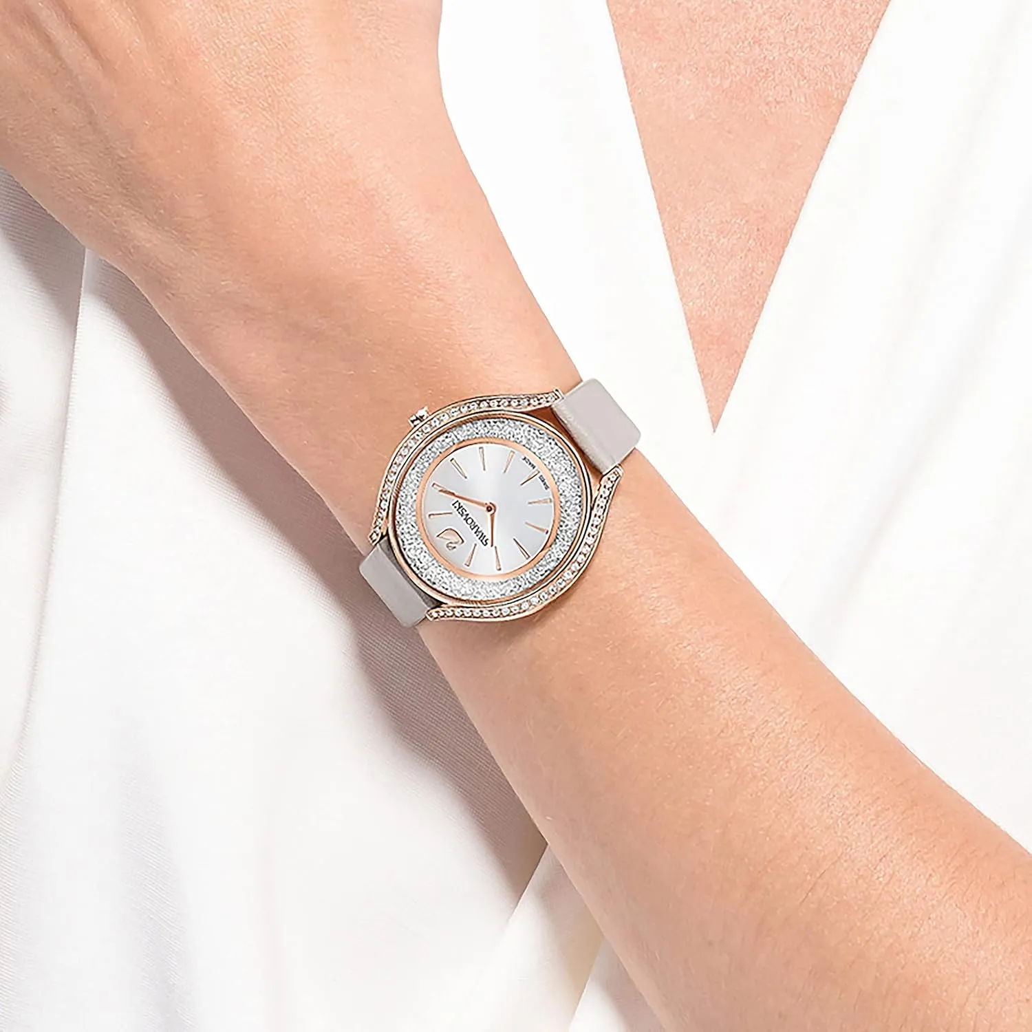 Swarovski Crystalline Aura Watch, Taupe Leather Strap, Rose-Gold Tone Finish, Clear Crystals, Swiss Made, Part of The Crystalline Watch Collection