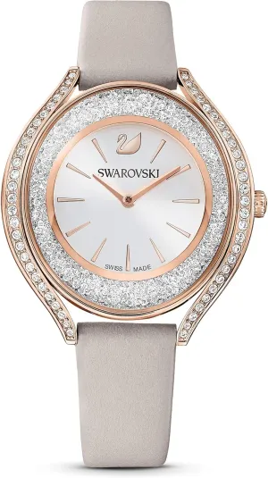 Swarovski Crystalline Aura Watch, Taupe Leather Strap, Rose-Gold Tone Finish, Clear Crystals, Swiss Made, Part of The Crystalline Watch Collection