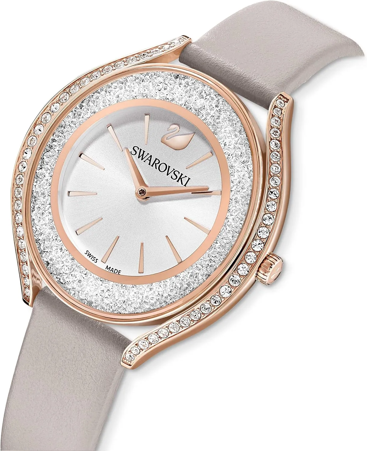 Swarovski Crystalline Aura Watch, Taupe Leather Strap, Rose-Gold Tone Finish, Clear Crystals, Swiss Made, Part of The Crystalline Watch Collection