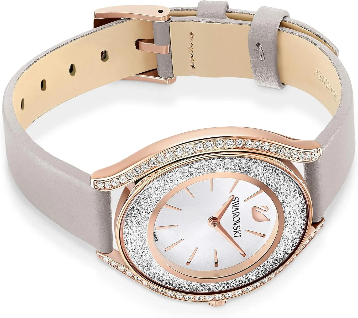 Swarovski Crystalline Aura Watch, Taupe Leather Strap, Rose-Gold Tone Finish, Clear Crystals, Swiss Made, Part of The Crystalline Watch Collection