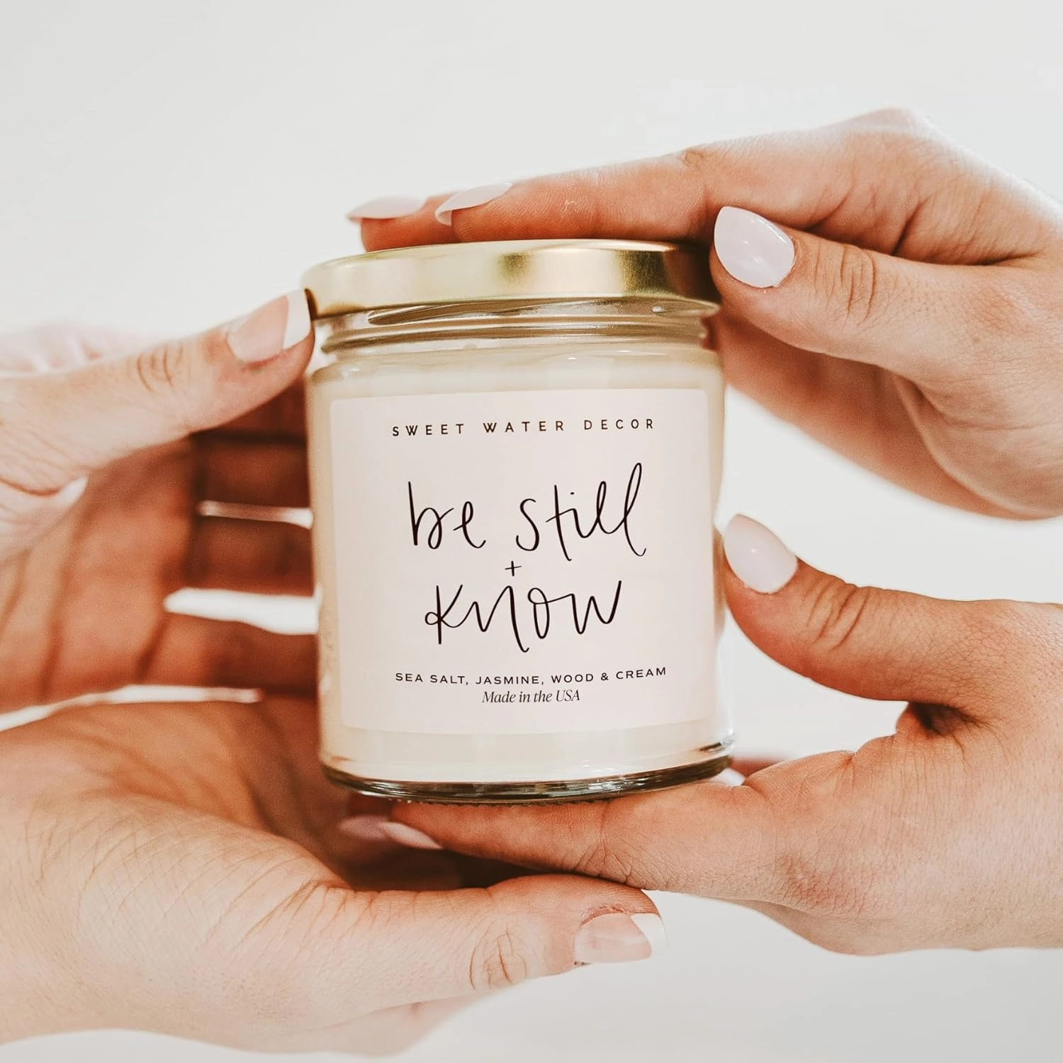 Sweet Water Decor, Be Still and Know, Sea Salt, Jasmine, Cream, and Wood Scented Soy Wax Candle for Home - Christian Candle Gifts for Women - 9oz Clear Jar, 40 Hour Burn Time, Made in the USA