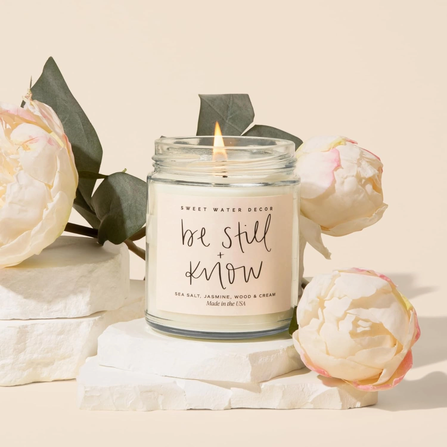 Sweet Water Decor, Be Still and Know, Sea Salt, Jasmine, Cream, and Wood Scented Soy Wax Candle for Home - Christian Candle Gifts for Women - 9oz Clear Jar, 40 Hour Burn Time, Made in the USA