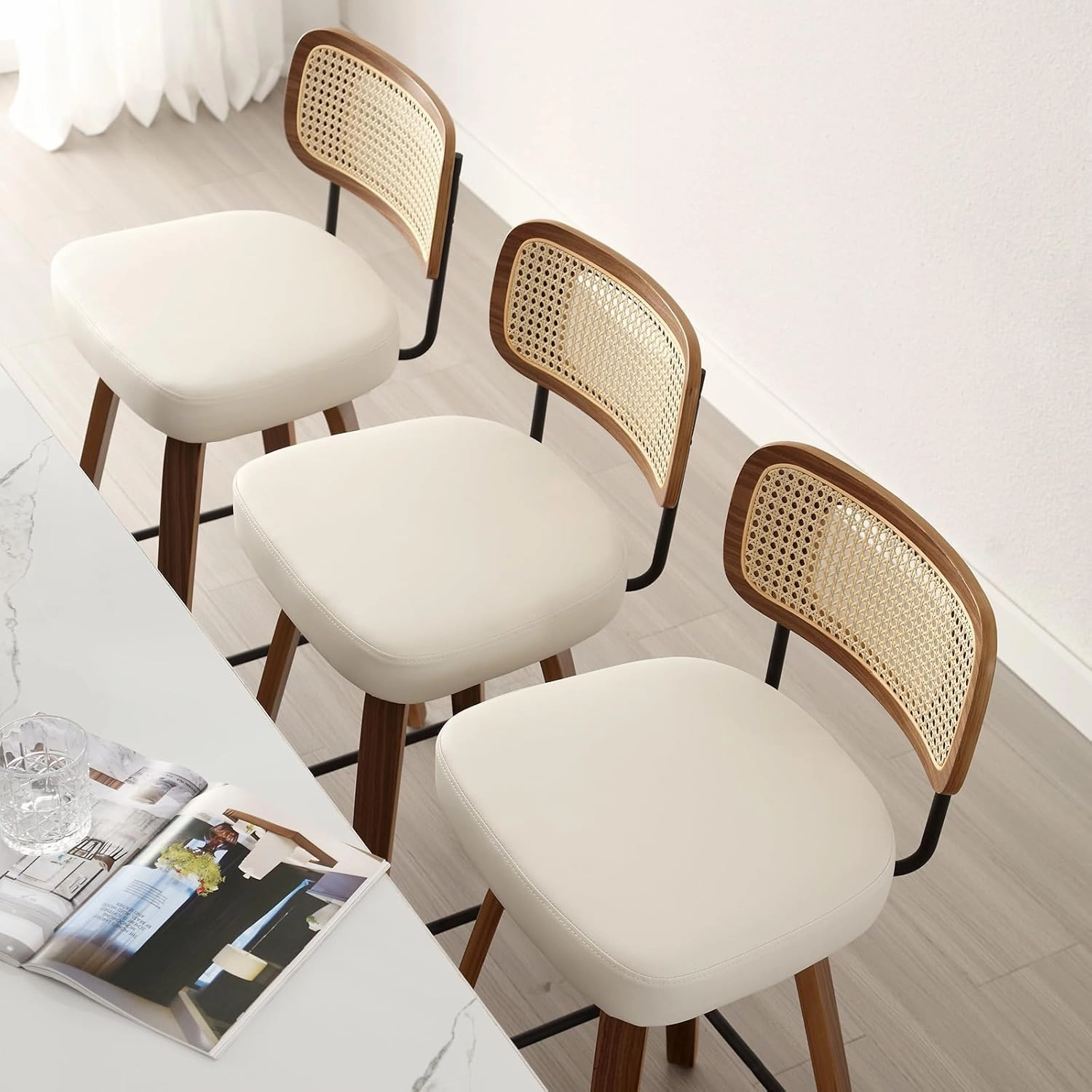 Swivel Counter Height Bar Stools Set of 3, Upholstered Faux Leather Barstools with Rattan Back, 26" Seat Height Bar Chairs for Kitchen Island, Bentwood Wood Frame, Cream White