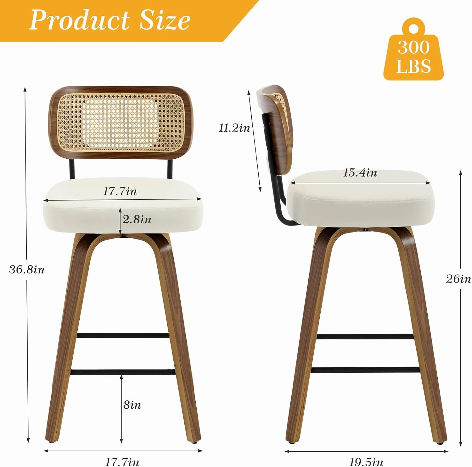 Swivel Counter Height Bar Stools Set of 3, Upholstered Faux Leather Barstools with Rattan Back, 26" Seat Height Bar Chairs for Kitchen Island, Bentwood Wood Frame, Cream White