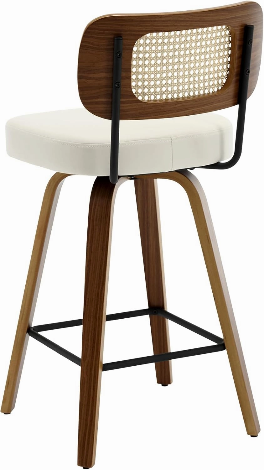 Swivel Counter Height Bar Stools Set of 3, Upholstered Faux Leather Barstools with Rattan Back, 26" Seat Height Bar Chairs for Kitchen Island, Bentwood Wood Frame, Cream White