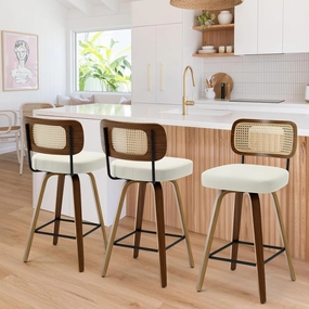 Swivel Counter Height Bar Stools Set of 3, Upholstered Faux Leather Barstools with Rattan Back, 26" Seat Height Bar Chairs for Kitchen Island, Bentwood Wood Frame, Cream White