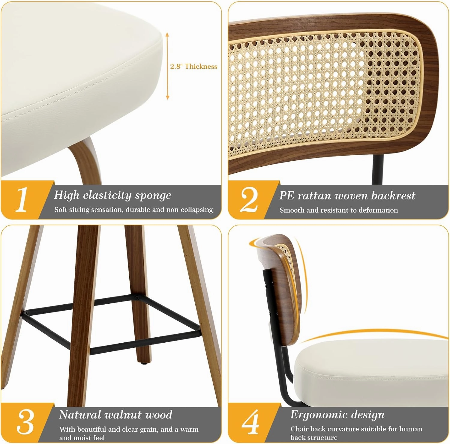 Swivel Counter Height Bar Stools Set of 3, Upholstered Faux Leather Barstools with Rattan Back, 26" Seat Height Bar Chairs for Kitchen Island, Bentwood Wood Frame, Cream White