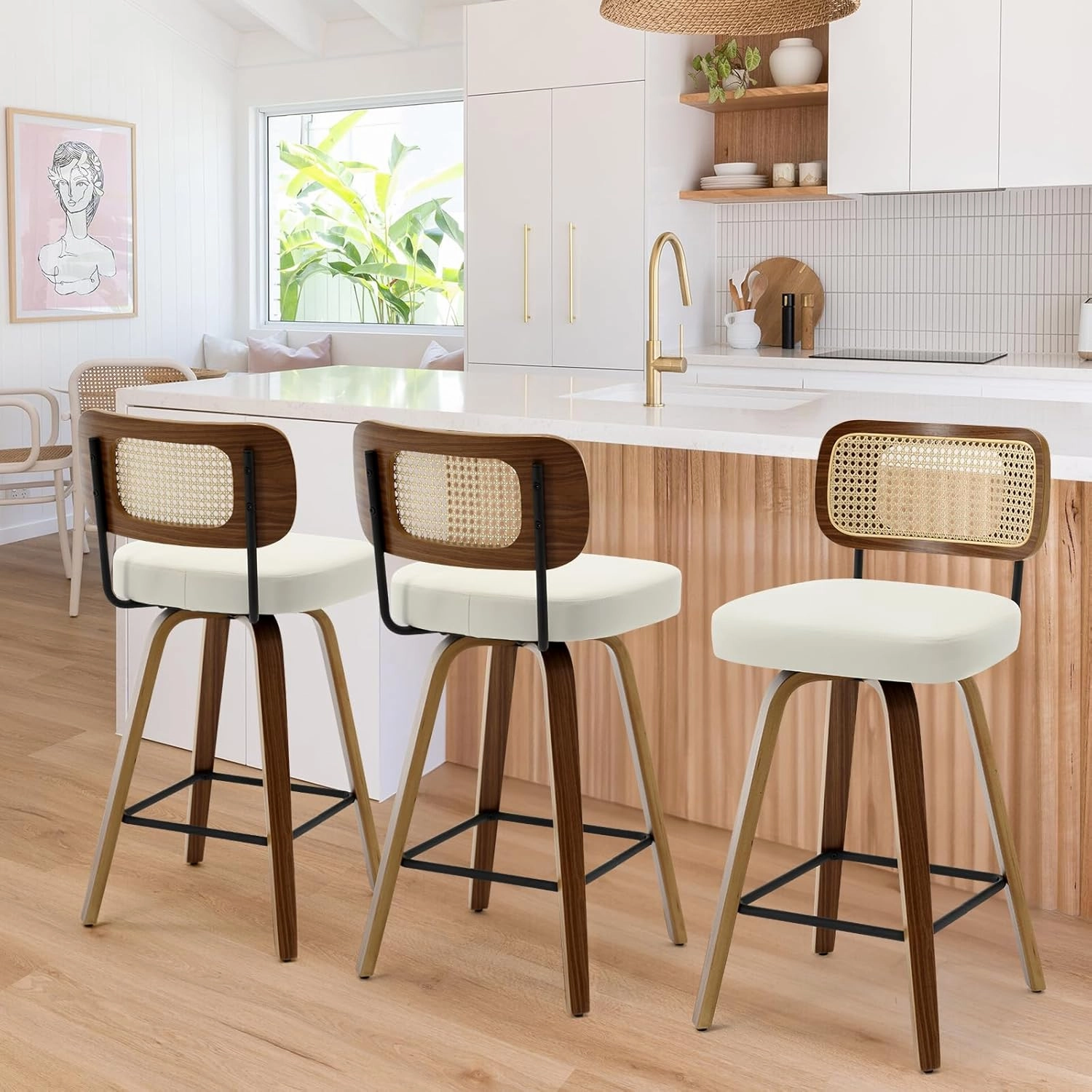 Swivel Counter Height Bar Stools Set of 3, Upholstered Faux Leather Barstools with Rattan Back, 26" Seat Height Bar Chairs for Kitchen Island, Bentwood Wood Frame, Cream White