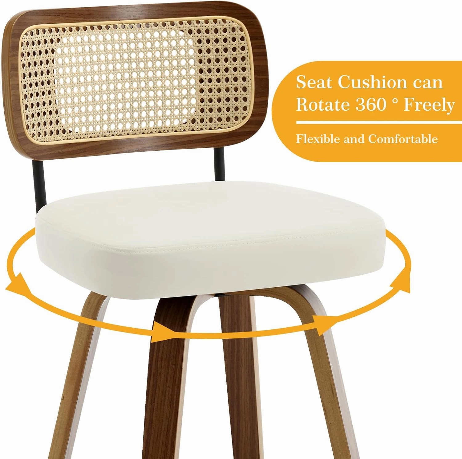 Swivel Counter Height Bar Stools Set of 3, Upholstered Faux Leather Barstools with Rattan Back, 26" Seat Height Bar Chairs for Kitchen Island, Bentwood Wood Frame, Cream White