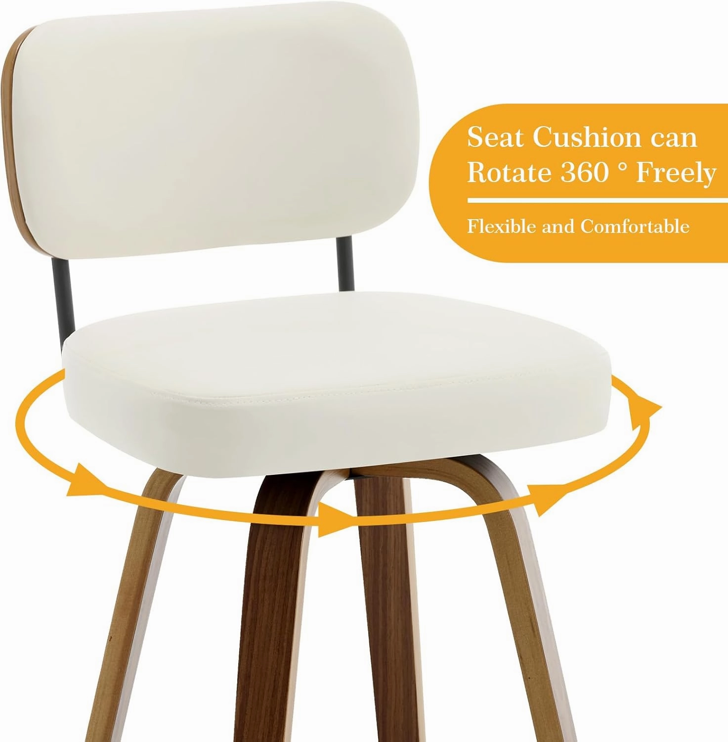Swivel Counter Height Bar Stools Set of 4, 26" Upholstered Faux Leather Barstools with Back and Bent Wood Legs, Mid Century Modern Bar Chair Island Stool for Kitchen Counter, Cream White
